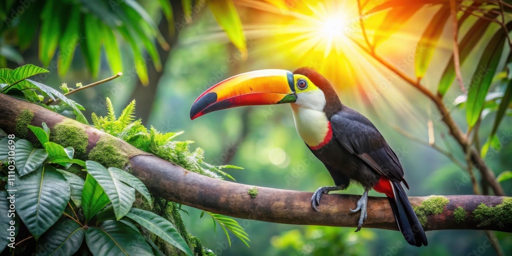 Fototapeta premium A colorful toucan perched on a branch in the lush tropical rainforest, bathed in the warm glow of the sun, its vibrant plumage contrasting with the verdant foliage