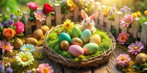 A nest of colorful Easter eggs with a cute bunny peeking out, nestled in a bed of moss and surrounded by vibrant spring blossoms.