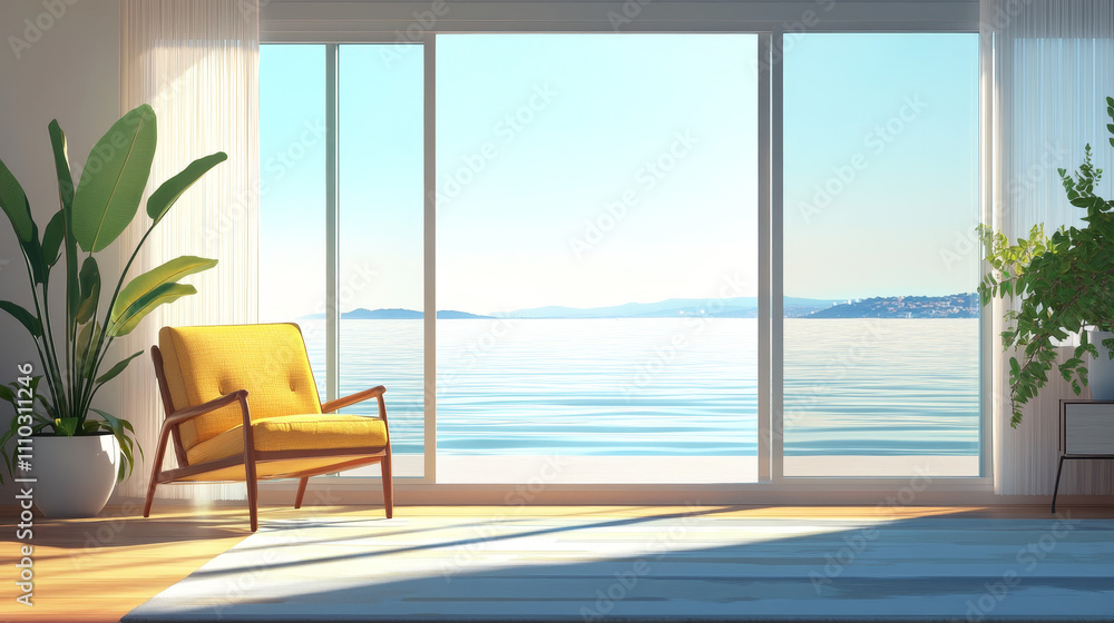 The living room with a sea view on a sunny day is a serene and peaceful space designed for relaxation and comfort
The living room with a sea view on a sunny day is a serene and peaceful space designed for relaxation and comfort