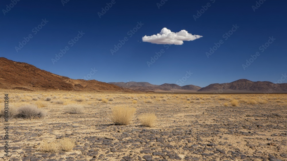 Vast desert landscape under a clear blue sky with a single cloud floating above rocky terrain