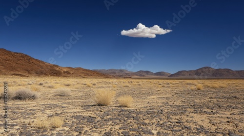 Obraz na płótnie Vast desert landscape under a clear blue sky with a single cloud floating above rocky terrain w salonie