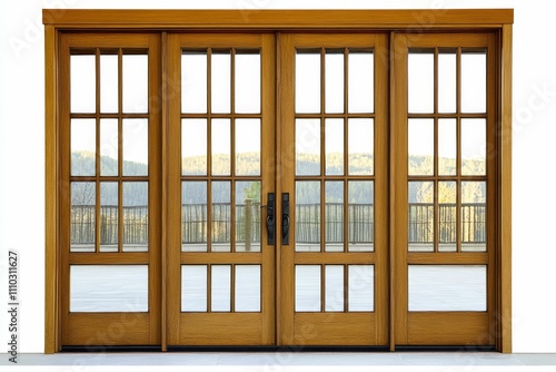 Wooden entry door with glass panes, scenic view.