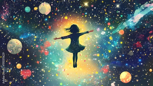 A Young Girl Leaps into a Vivid Cosmic Realm Filled with Colorful Galaxies, Planets, Stars, and Ethereal Elements, Capturing the Essence of Imagination and Adventure