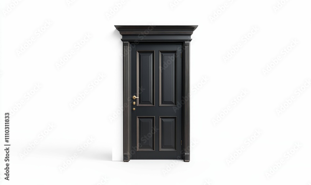 Dark door, ornate frame, white background. Dark door, ornate frame, white background.