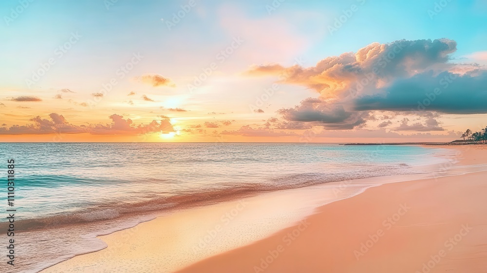 Travel image with a beautiful sunset over the ocean, with pastel clouds in the sky and sand on the beach Travel image with a beautiful sunset over the ocean, with pastel clouds in the sky and sand on the beach