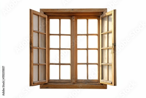 Aged wooden window panes, open, light-filled.