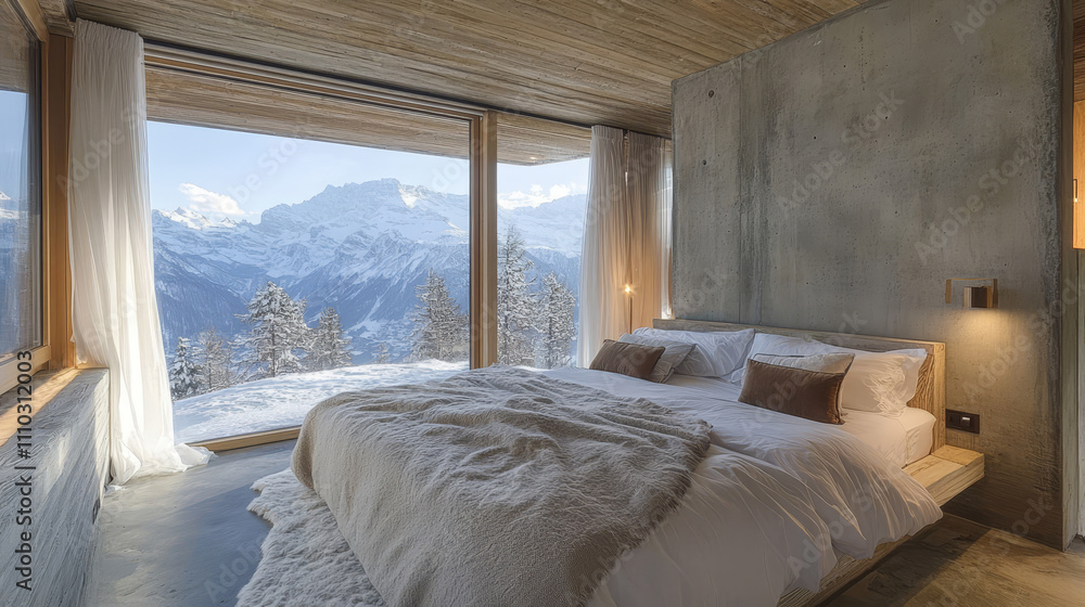 Fototapeta premium The interior of a modern chalet bedroom embodies a sleek, minimalist aesthetic with an emphasis on natural materials and modern design elements.