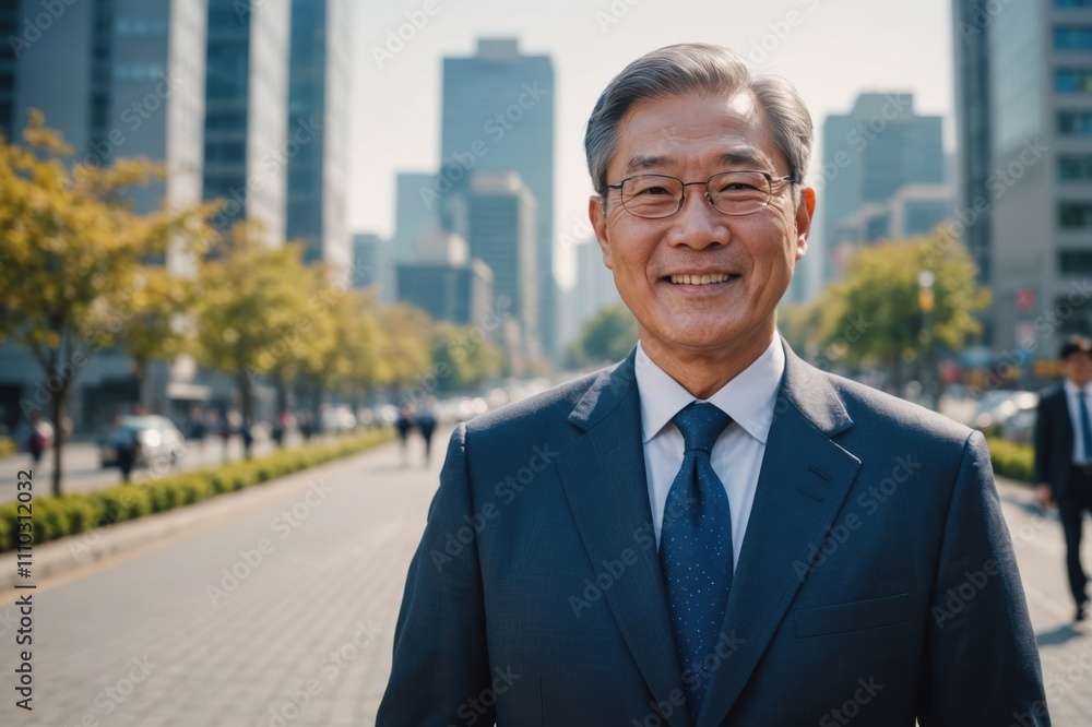 Close portrait of a smiling senior South Korean businessman looking at the camera, South Korean big city outdoors blurred background Close portrait of a smiling senior South Korean businessman looking at the camera, South Korean big city outdoors blurred background