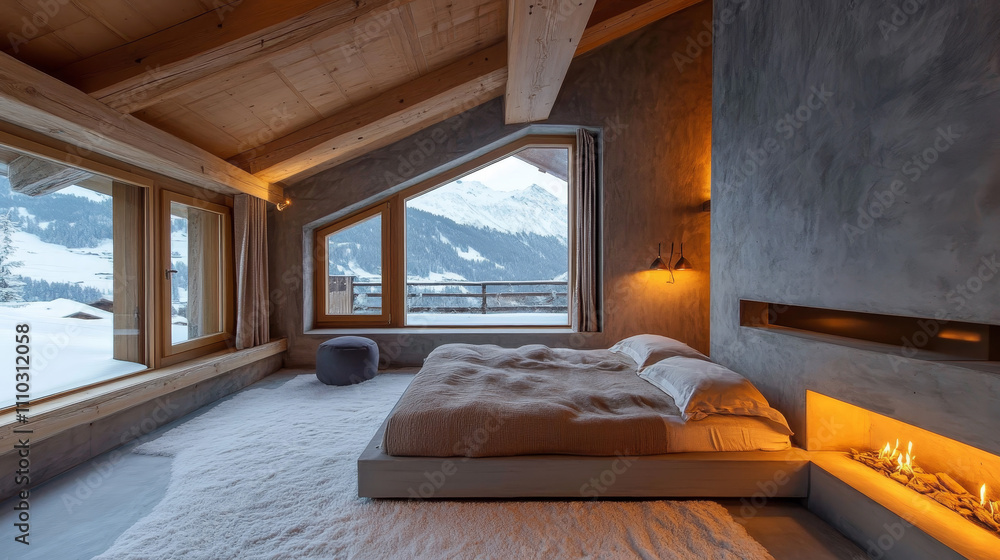 Naklejka premium The interior of a modern chalet bedroom embodies a sleek, minimalist aesthetic with an emphasis on natural materials and modern design elements.