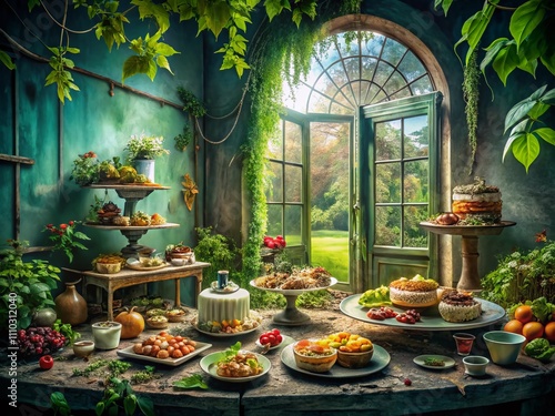 Wallpaper Mural Enchanted Food Photography in a Haunted Mansion's Overgrown Garden with Watercolor Style and Blurred Background, Featuring Decayed Culinary Delights and Eerie Atmosphere Torontodigital.ca