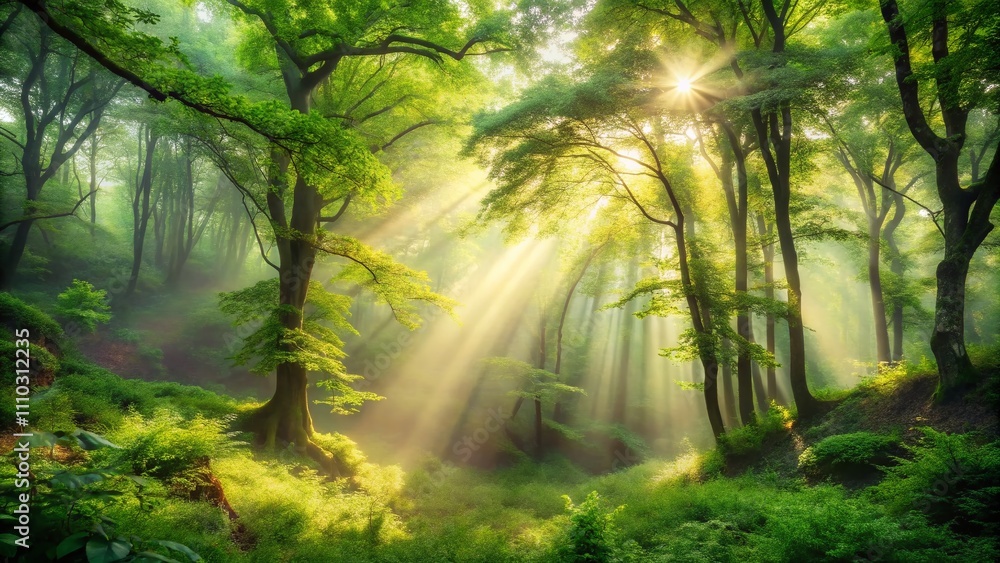 Obraz premium Enchanted Misty Forest: Ethereal Light Filtering Through Lush Green Canopy, Creating a Dreamlike Atmosphere in Nature's Serene Beauty for Stock Photography