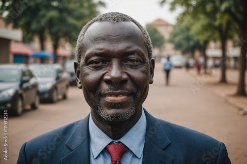 Close portrait of a smiling senior South Sudanese businessman looking at the camera, South Sudanese big city outdoors blurred background photo