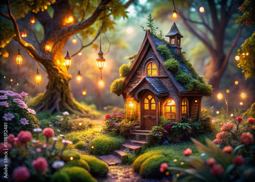 Enchanted Whimsical Fairytale House Surrounded by Glowing Lights in a Magical Forest, Inviting Cozy Atmosphere for Dreamy Adventures in Nature Enchanted Whimsical Fairytale House Surrounded by Glowing Lights in a Magical Forest, Inviting Cozy Atmosphere for Dreamy Adventures in Nature