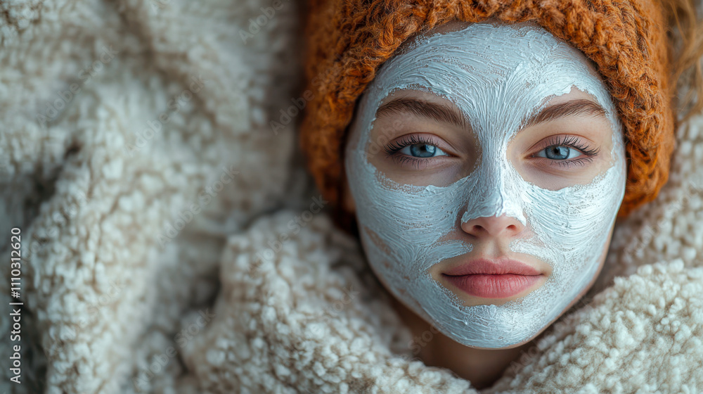 Young woman with clay face mask relaxing warmly on cozy blanket indoors Young woman with clay face mask relaxing warmly on cozy blanket indoors