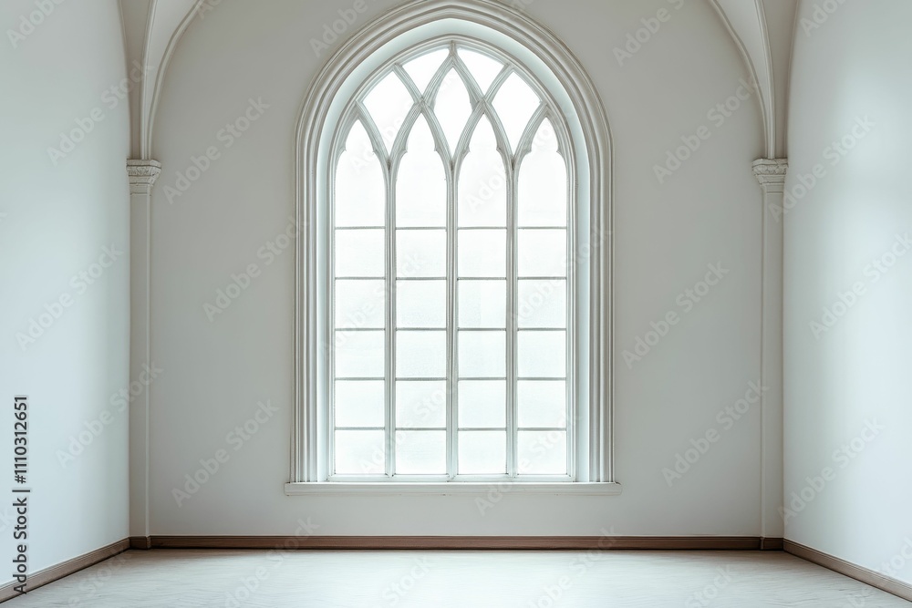 Obraz premium Empty room, arched window, white walls, light floor.