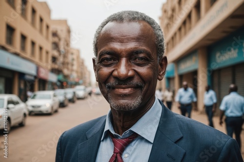 Close portrait of a smiling senior Sudanese businessman looking at the camera, Sudanese big city outdoors blurred background