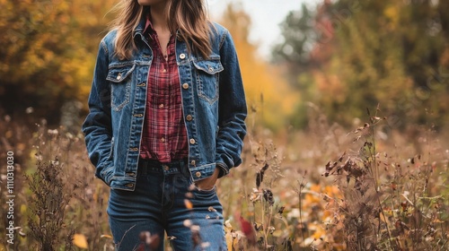 A woman in a plaid shirt, denim jacket, and boots, standing in a fall field with tall grass and scattered autumn leaves. photo