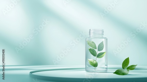 Wallpaper Mural A transparent bottle of serum with delicate green leaves and plant extracts visible inside, showcasing the use of botanicals and natural ingredients in vegan skincare. Torontodigital.ca