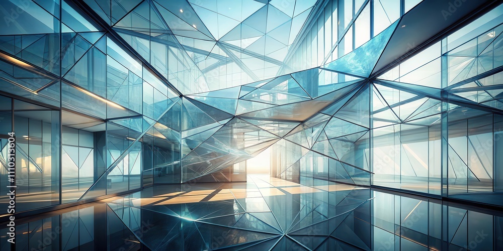 An intricate network of geometric glass panels forming a modern architectural structure, with sunlight illuminating the space. An intricate network of geometric glass panels forming a modern architectural structure, with sunlight illuminating the space.