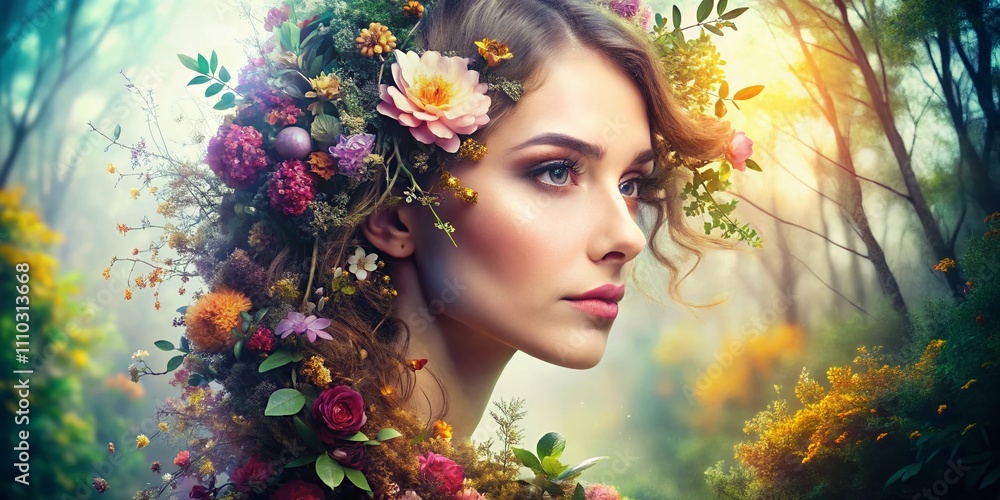 Enchanting Double Exposure Portrait of a Woman Blending Nature and Emotions in a Dreamlike Aesthetic, Capturing the Essence of Femininity and Strength in a Unique Artistic Style Enchanting Double Exposure Portrait of a Woman Blending Nature and Emotions in a Dreamlike Aesthetic, Capturing the Essence of Femininity and Strength in a Unique Artistic Style