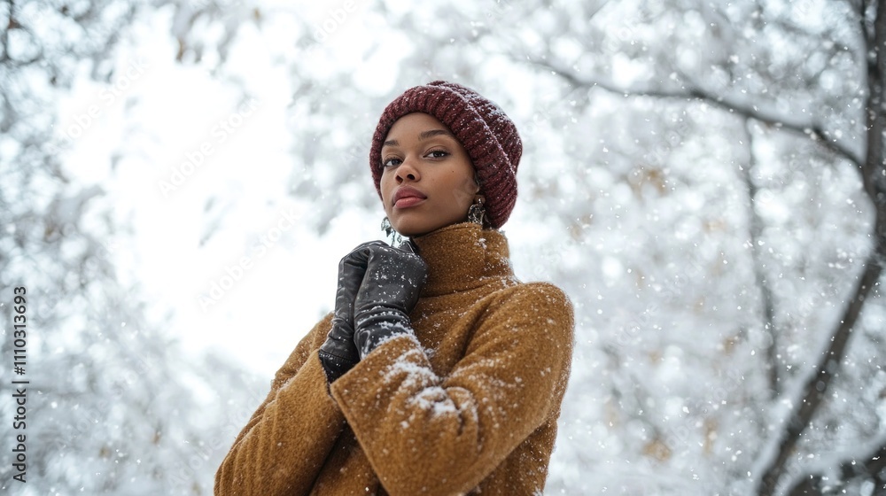 A model in a wool coat, gloves, and knit hat, posing outdoors in a winter wonderland with snow-covered trees and a clear sky. A model in a wool coat, gloves, and knit hat, posing outdoors in a winter wonderland with snow-covered trees and a clear sky.