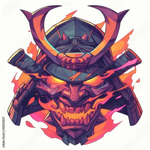 Fiery samurai mask illustration.