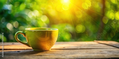 A solitary green mug rests on a rustic wooden table, bathed in the warm glow of morning sunlight filtering through a lush green backdrop of out-of-focus foliage.