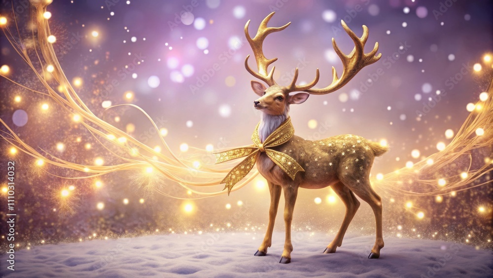 A golden reindeer adorned with a glittering bow stands amidst a magical snow-covered landscape, bathed in warm, ethereal light. A golden reindeer adorned with a glittering bow stands amidst a magical snow-covered landscape, bathed in warm, ethereal light.