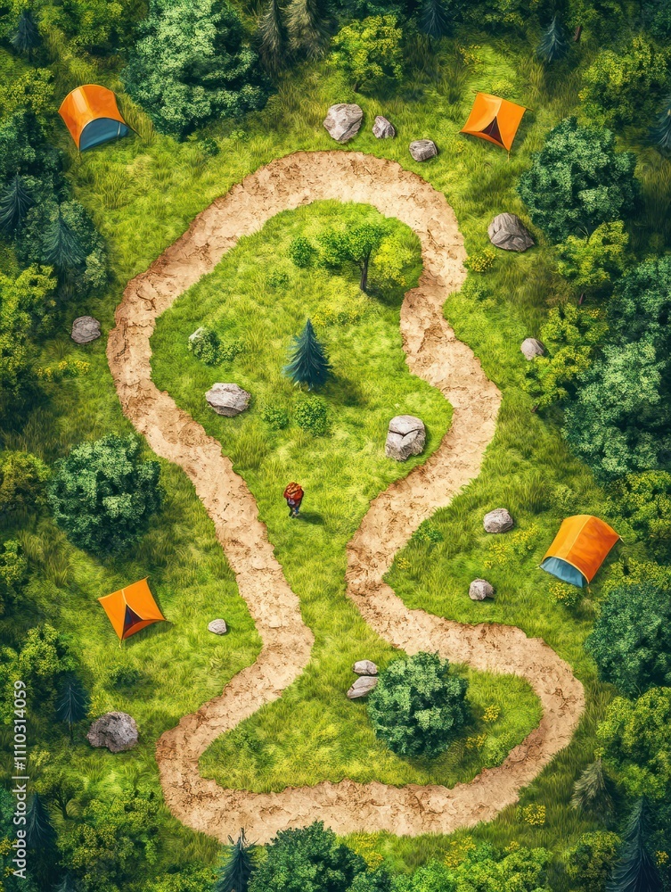 Trail map. Tourists hiking footpath from start to finish with camping ...