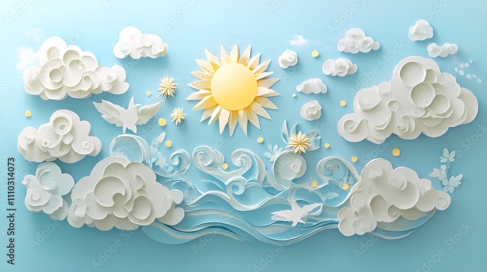 Cheerful and Whimsical Paper Art Scene Featuring Sun, Clouds, Waves, and Birds on a Blissful Sky Background for Imaginative Designs and Creative Projects Cheerful and Whimsical Paper Art Scene Featuring Sun, Clouds, Waves, and Birds on a Blissful Sky Background for Imaginative Designs and Creative Projects