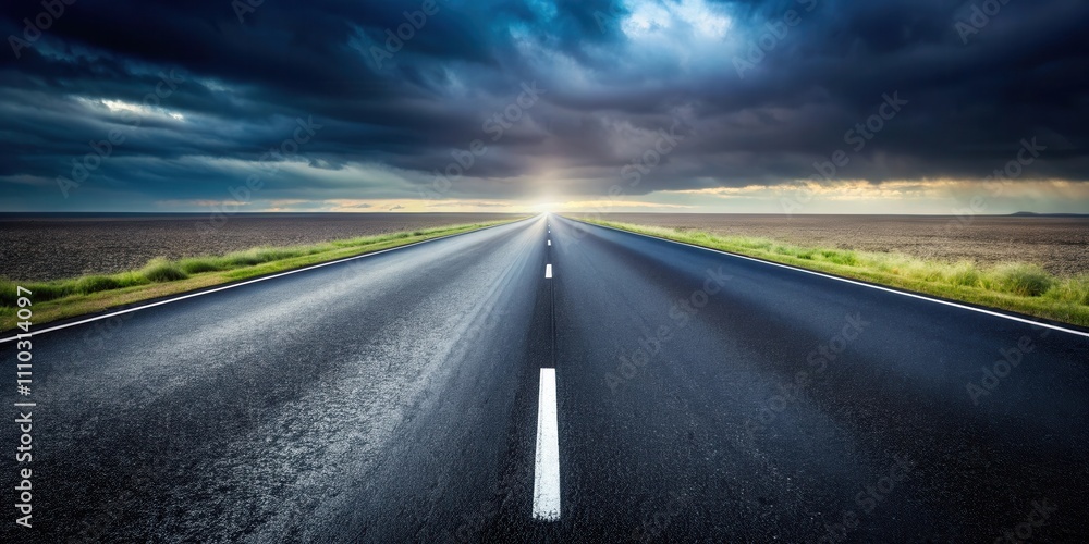 Naklejka premium A solitary asphalt road cutting through a field, leading towards a horizon illuminated by a sun peeking through dark storm clouds