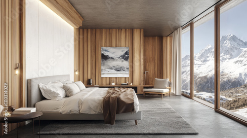 A 3D rendering of a stylish master bedroom showcases a serene yet contemporary design. The room is anchored by a comfortable king-size bed, dressed in crisp white bedding with layered gray and neutral photo