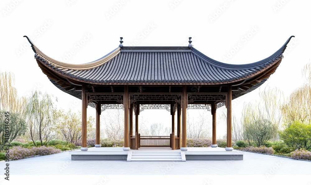 Wooden gazebo, curved roof, garden setting. Wooden gazebo, curved roof, garden setting.