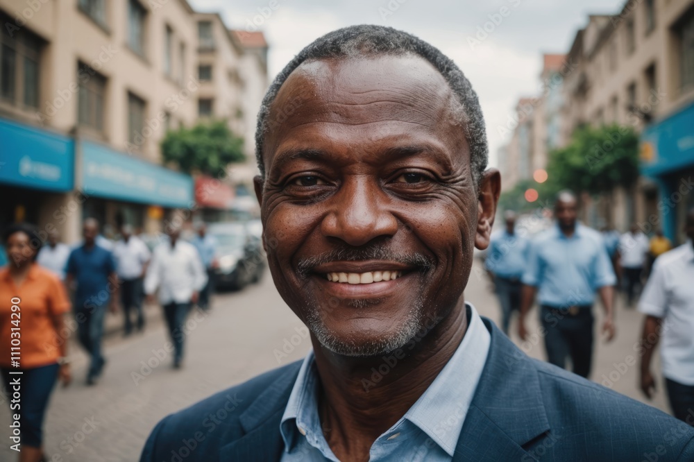 Close portrait of a smiling senior Tanzanian businessman looking at the camera, Tanzanian big city outdoors blurred background Close portrait of a smiling senior Tanzanian businessman looking at the camera, Tanzanian big city outdoors blurred background