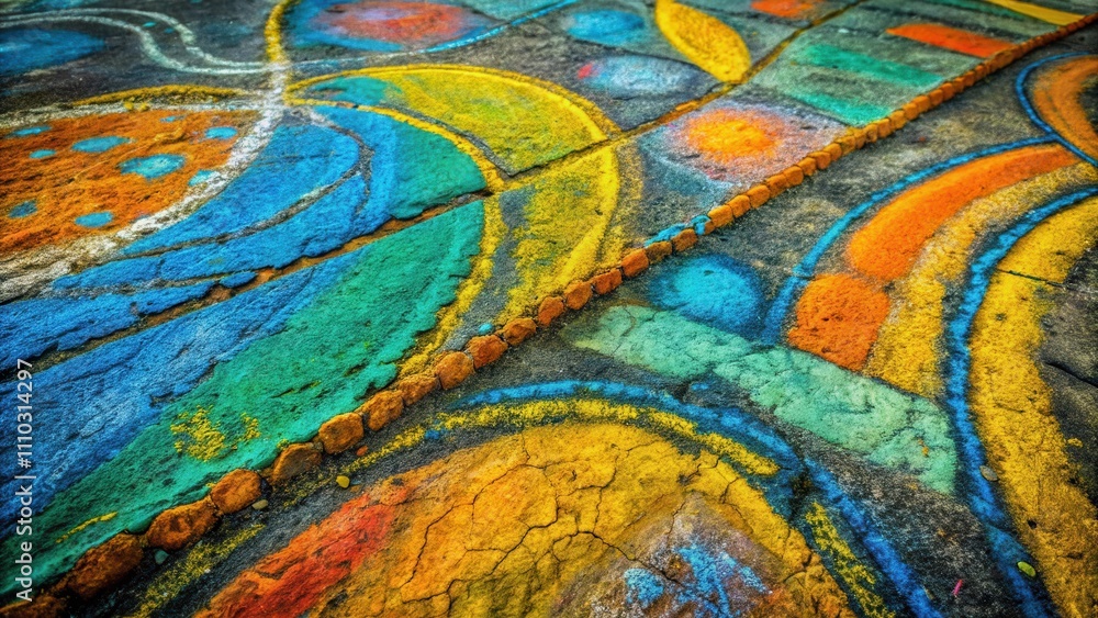 A colorful abstract pattern of lines and circles, painted onto a textured, cracked surface, with a row of small, orange stones running diagonally across the image. A colorful abstract pattern of lines and circles, painted onto a textured, cracked surface, with a row of small, orange stones running diagonally across the image.