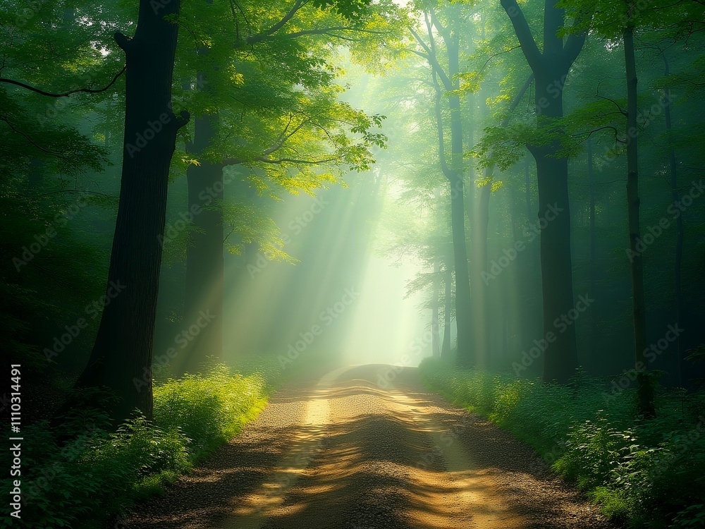 Obraz premium Sunlight filters through forest canopy, casting golden rays 