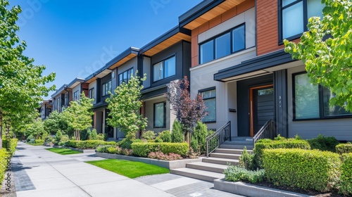 Modern row of house, home with landscaped gardens and clear blue sky.