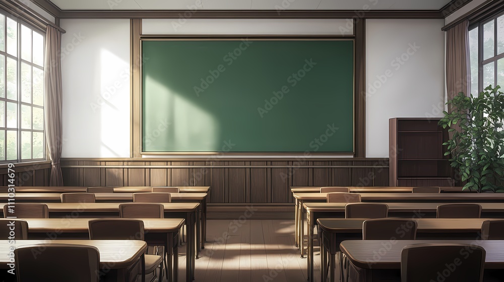 Empty classroom with wooden desks and a large green chalkboard under natural light streaming through windows highlighting the learning environment Empty classroom with wooden desks and a large green chalkboard under natural light streaming through windows highlighting the learning environment
