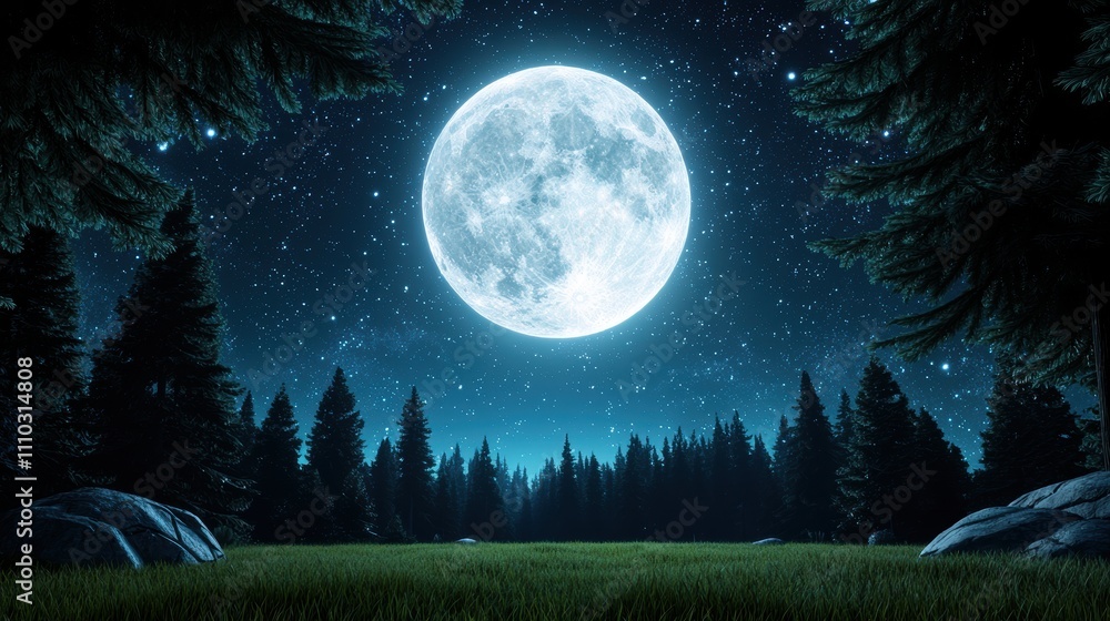 Naklejka premium A large, luminous full moon hangs high in a clear night sky, casting a cool, silver glow over a tranquil forest clearing below.