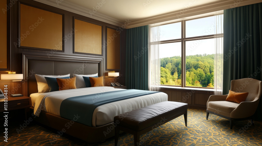 Fototapeta premium A 3D rendering of a stylish hotel bedroom interior captures the perfect blend of luxury, comfort, and modern design.