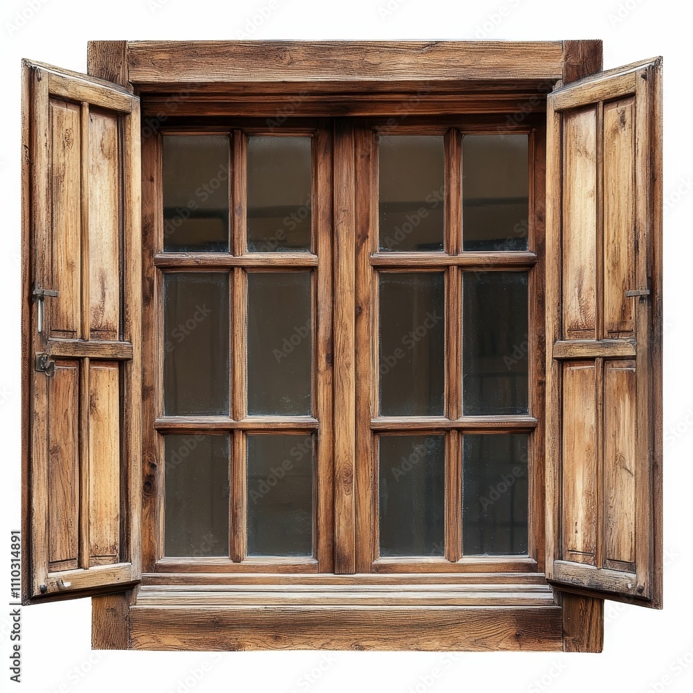 Aged wooden window, open shutters, paneled glass. Aged wooden window, open shutters, paneled glass.