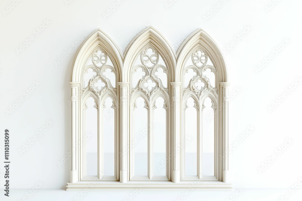 Triple arched window, ornate, white, wall-mounted. Triple arched window, ornate, white, wall-mounted.