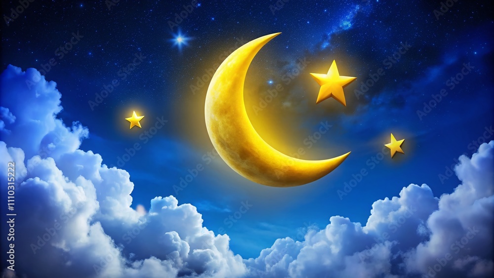 Naklejka premium Enchanting Night Sky with a Yellow Crescent Moon and Stars Surrounded by Fluffy Clouds on a Deep Blue Background for Dreamy and Serene Imagery