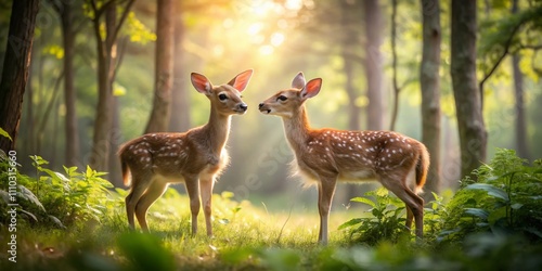 Enchanting Scene of Two Young Deer Fawns in a Forest Clearing with Sunlight Filtering Through Trees Creating a Serene Atmosphere