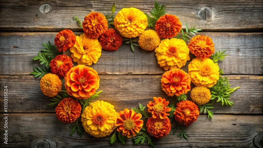 A rustic wooden background adorned with a vibrant circular arrangement of orange and yellow marigold blossoms, showcasing the beauty of autumnal blooms. A rustic wooden background adorned with a vibrant circular arrangement of orange and yellow marigold blossoms, showcasing the beauty of autumnal blooms.