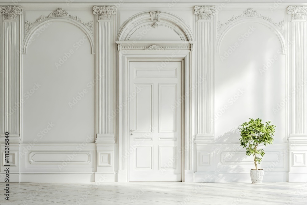 White room, ornate molding, plant, door, sunlight. White room, ornate molding, plant, door, sunlight.