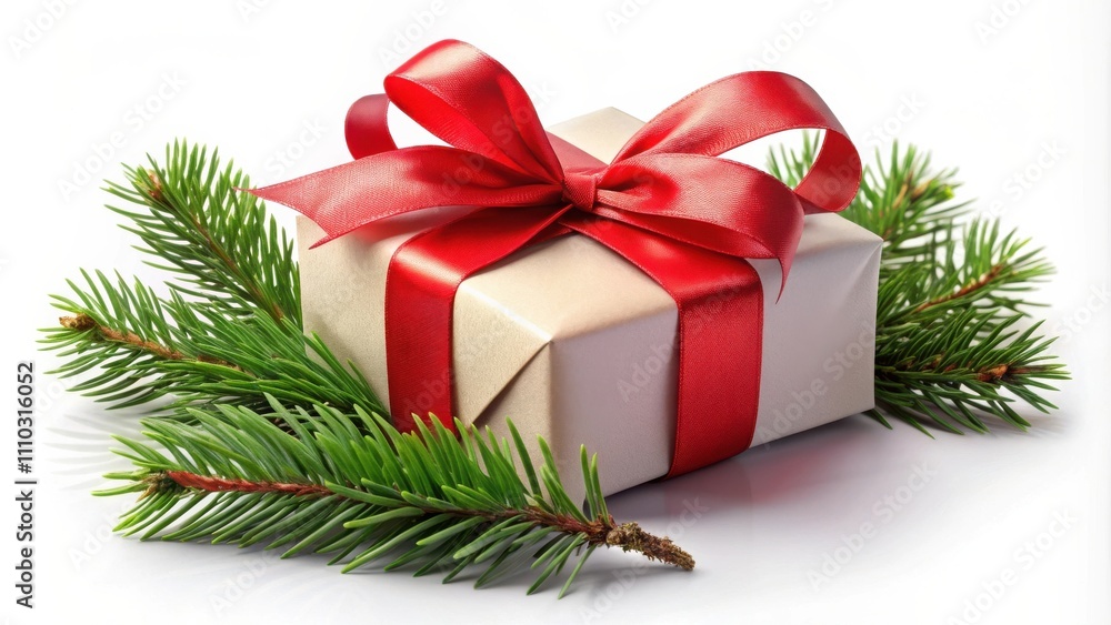A single gift box wrapped in brown paper with a bright red bow, resting on a bed of green pine branches A single gift box wrapped in brown paper with a bright red bow, resting on a bed of green pine branches