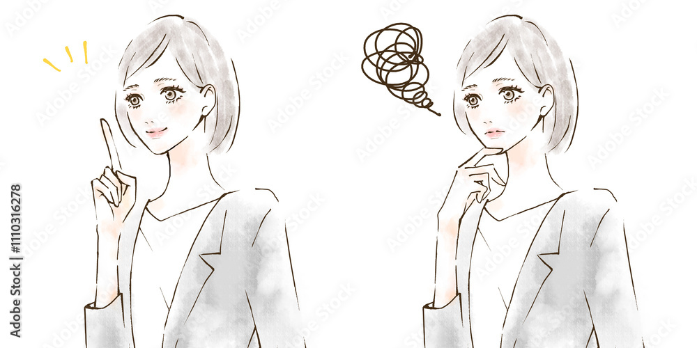 ビジネスパーソンのイラストセット 質問 解決 指差しポーズ