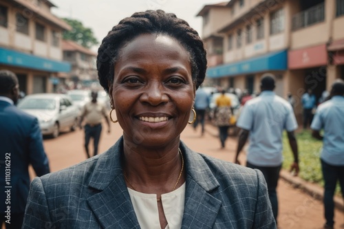 Close portrait of a smiling senior Ugandan businesswoman looking at the camera, Ugandan big city outdoors blurred background photo