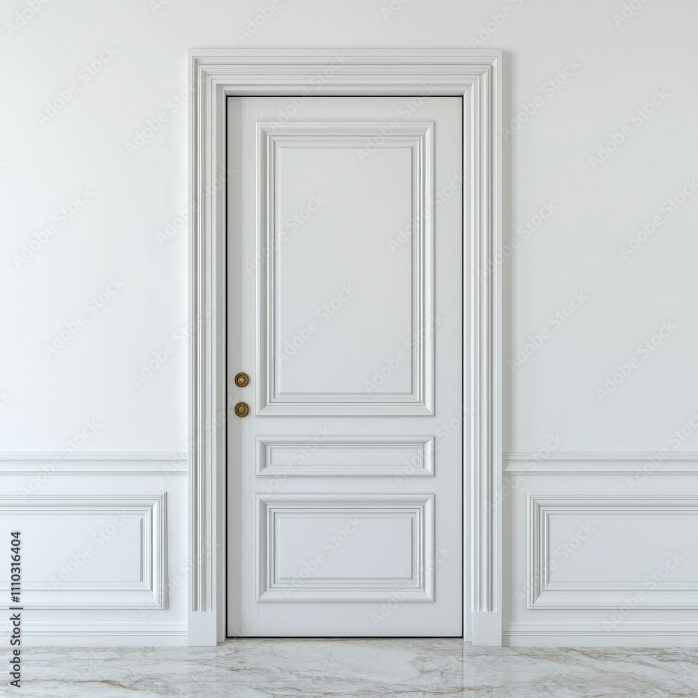 White door, ornate frame, marble floor. White door, ornate frame, marble floor.